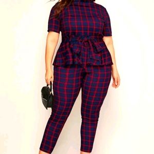 Plus size Mock-neck Belted Plaid Peplum Top & Leggings Set